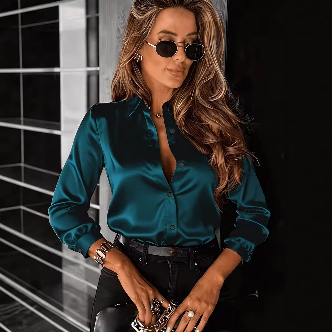 Commuter long-sleeved shirt with lapels in flowing satin for women